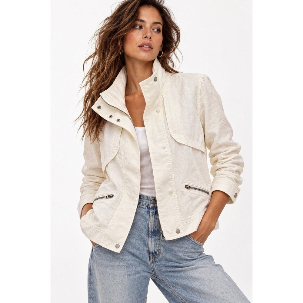 Athleta Sahara 100% Linen Moto Jacket White XL High Neck Zip Pockets